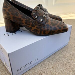 NIB Aerosols Leopard Print Faux Leather Heal Loafers Izell 6.5